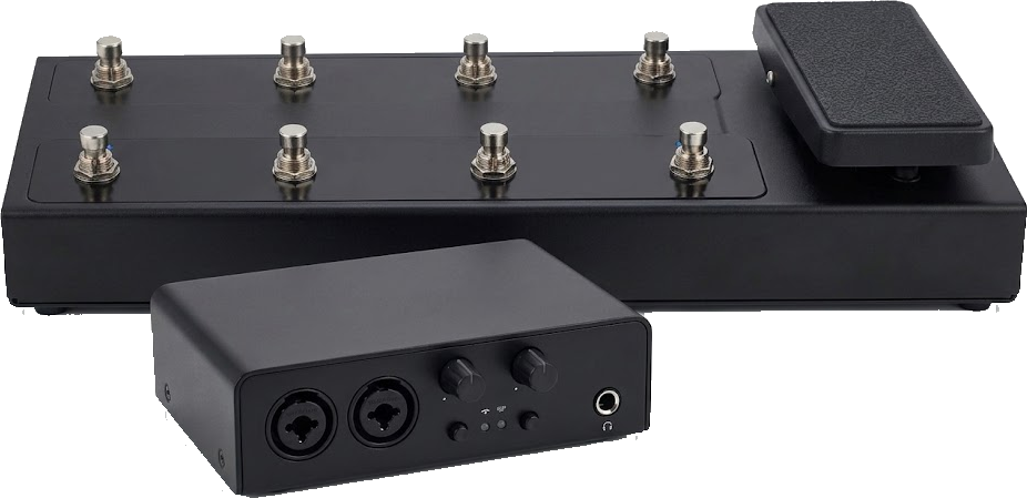 A laptop, a small audio interface and a foot controller